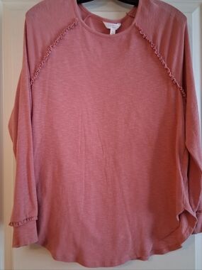 LC LAUREN CONRAD Women's Peach Long Raglan Sleeve Knit Top Size S Ribbbed Trim